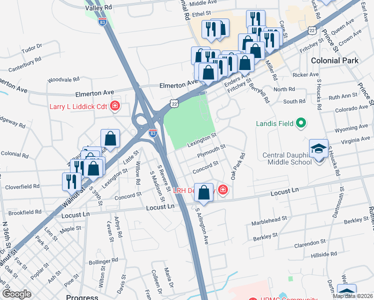 map of restaurants, bars, coffee shops, grocery stores, and more near 4210 Plymouth Street in Harrisburg