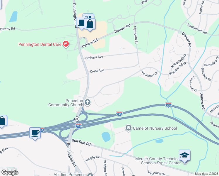 map of restaurants, bars, coffee shops, grocery stores, and more near 10 Brandon Road West in Pennington