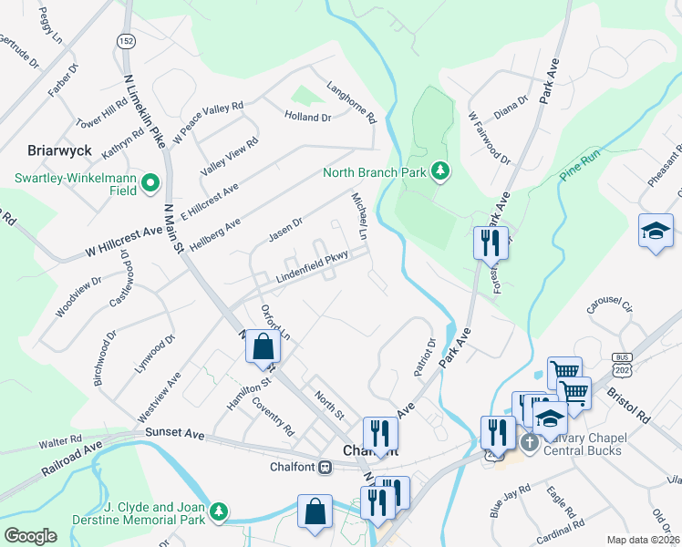map of restaurants, bars, coffee shops, grocery stores, and more near 429 Patrick Place in Chalfont