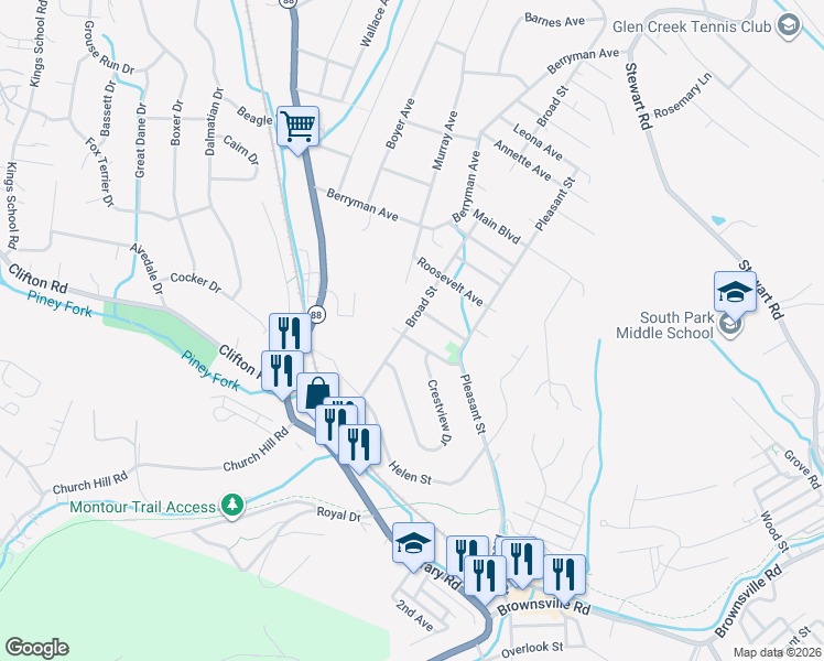 map of restaurants, bars, coffee shops, grocery stores, and more near 620 Whitewood Street in South Park Township