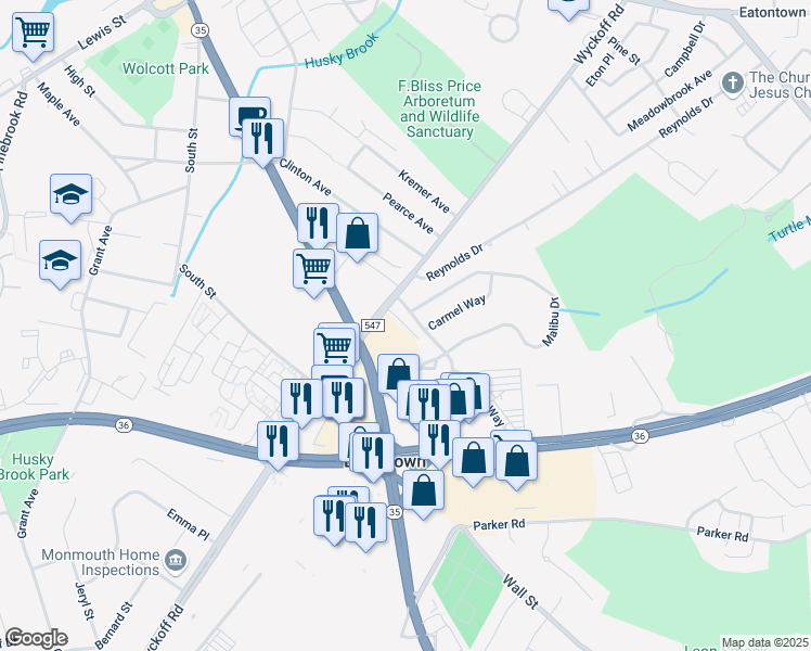 map of restaurants, bars, coffee shops, grocery stores, and more near 2 Carmel Way in Eatontown