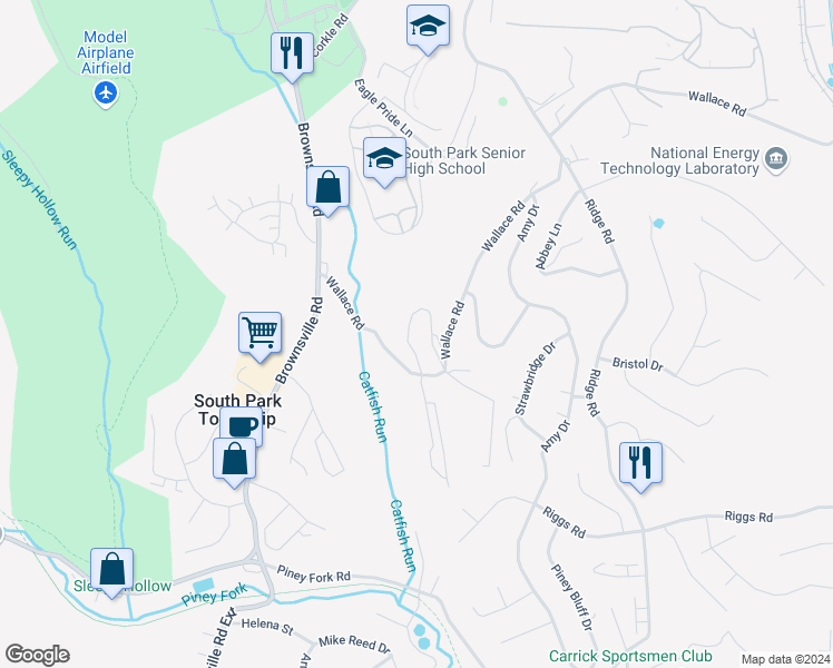 map of restaurants, bars, coffee shops, grocery stores, and more near 2100 Squires Manor Lane in South Park Township