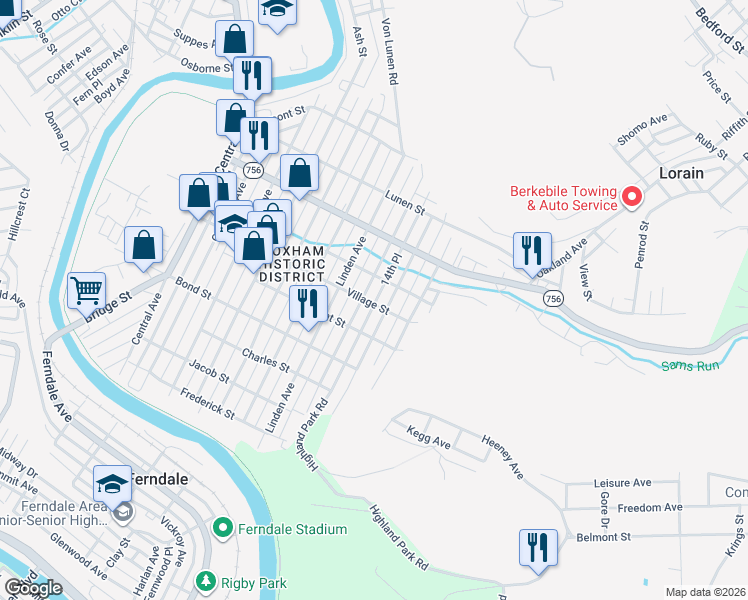 map of restaurants, bars, coffee shops, grocery stores, and more near 410 Village Street in Johnstown