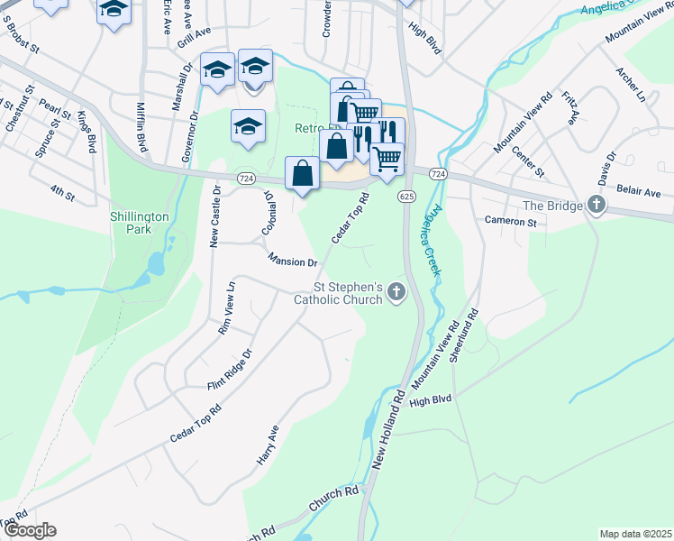 map of restaurants, bars, coffee shops, grocery stores, and more near 1114 Cedar Top Rd in Reading