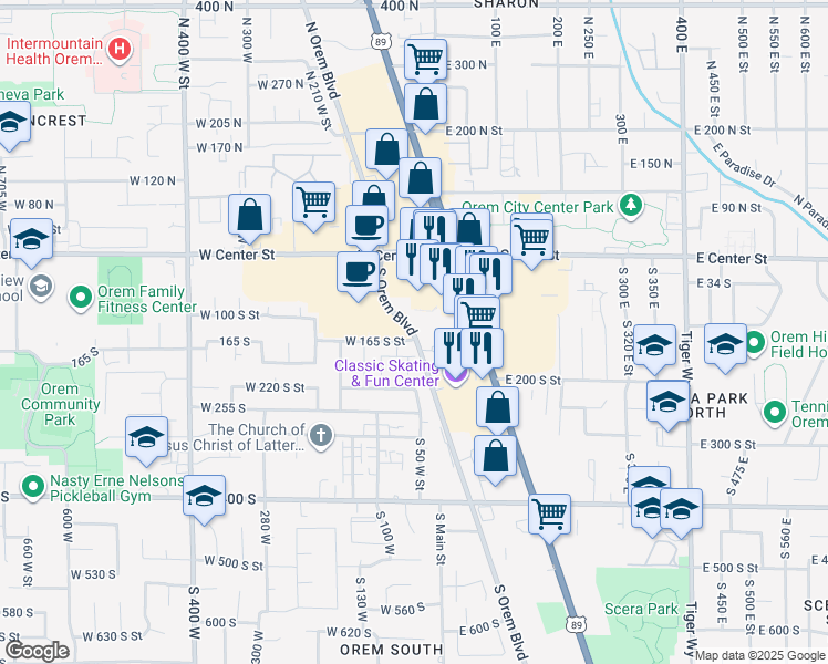 map of restaurants, bars, coffee shops, grocery stores, and more near 165 South Orem Boulevard in Orem