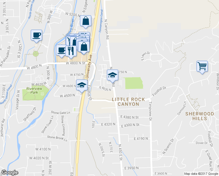 map of restaurants, bars, coffee shops, grocery stores, and more near 253 East 4620 North in Provo
