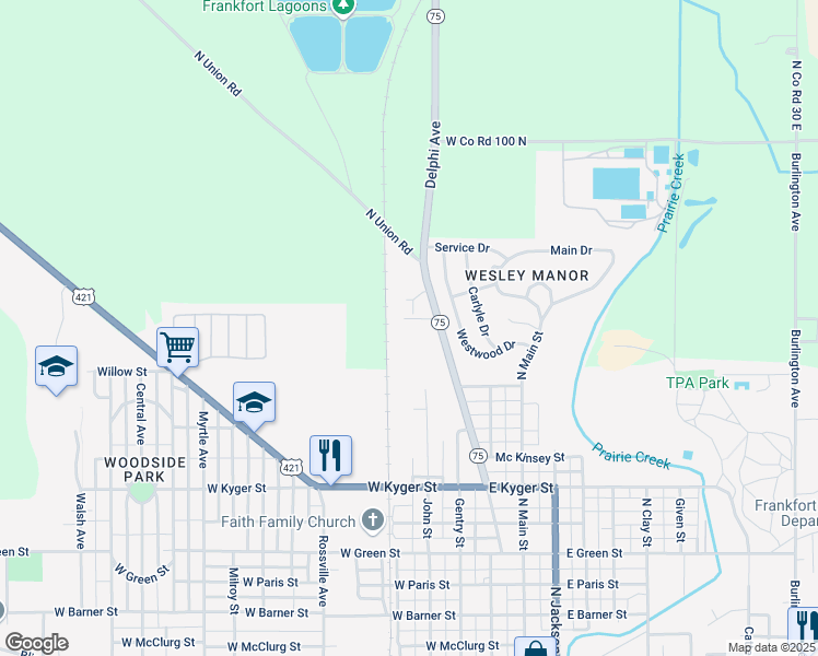 map of restaurants, bars, coffee shops, grocery stores, and more near 1150 Delphi Avenue in Frankfort