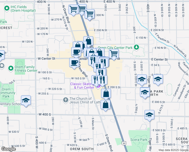 map of restaurants, bars, coffee shops, grocery stores, and more near 142 State Street in Orem