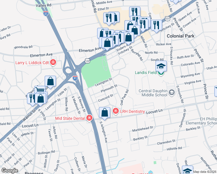 map of restaurants, bars, coffee shops, grocery stores, and more near 4301 Plymouth Street in Harrisburg