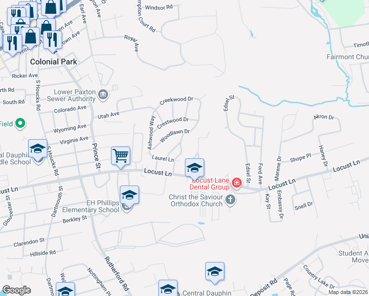 map of restaurants, bars, coffee shops, grocery stores, and more near 119 Hollywood Drive in Harrisburg