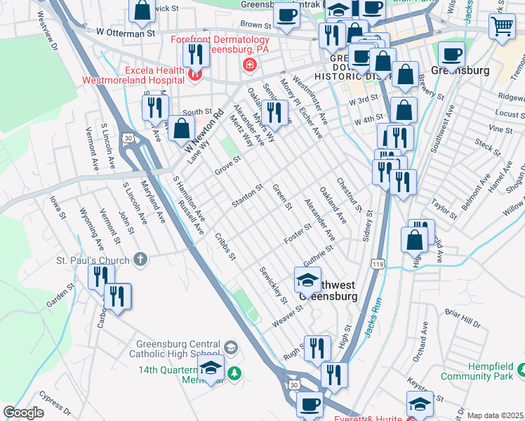 map of restaurants, bars, coffee shops, grocery stores, and more near 526 Brandon Street in Greensburg
