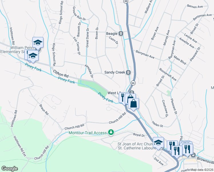 map of restaurants, bars, coffee shops, grocery stores, and more near 1239 Clifton Road in Bethel Park