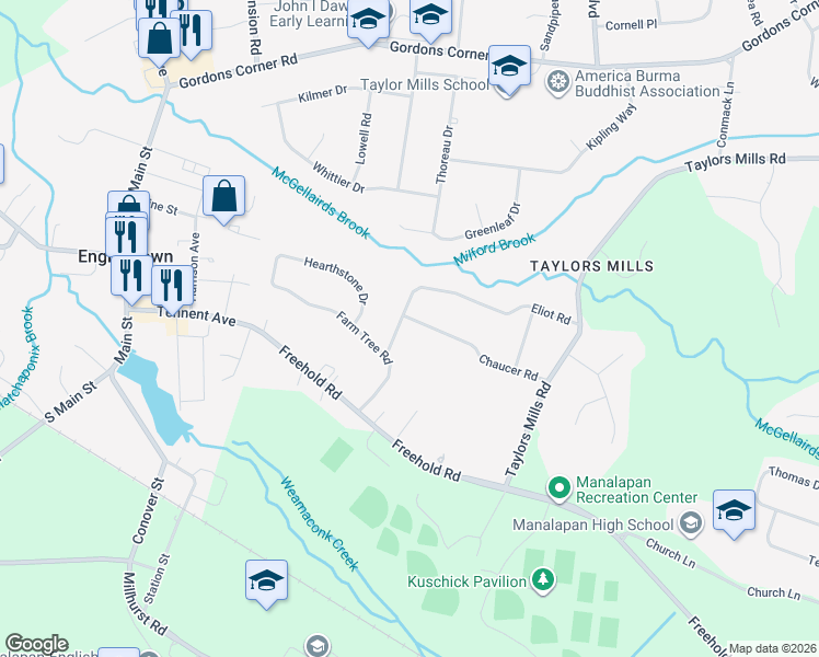 map of restaurants, bars, coffee shops, grocery stores, and more near 33 Eliot Road in Manalapan Township