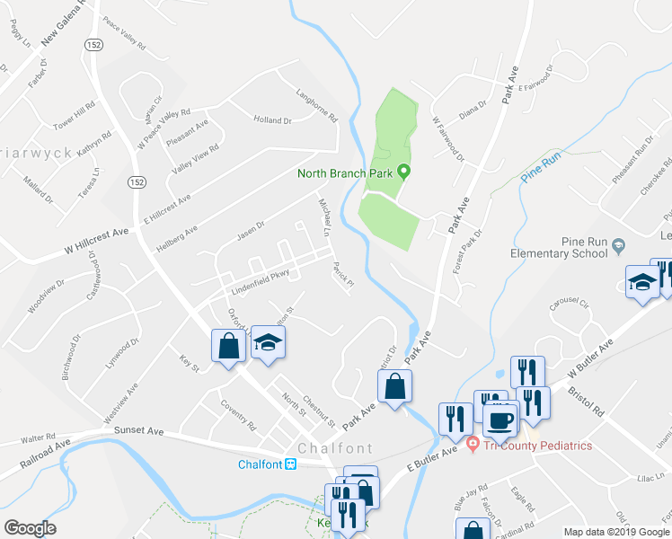 map of restaurants, bars, coffee shops, grocery stores, and more near 399 Patrick Place in Chalfont