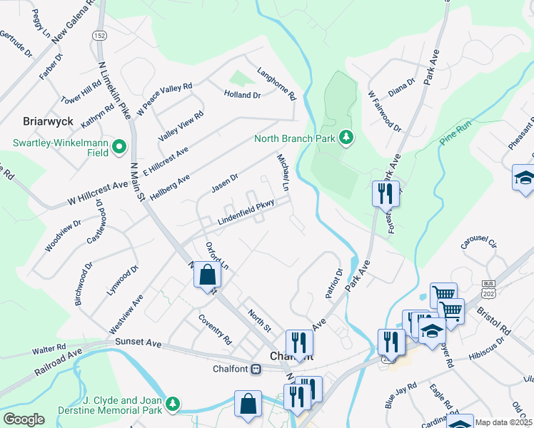map of restaurants, bars, coffee shops, grocery stores, and more near 25 Jennifer Drive in Chalfont