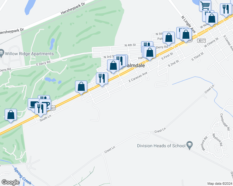 map of restaurants, bars, coffee shops, grocery stores, and more near 1242 Jo Mar Court in Hershey