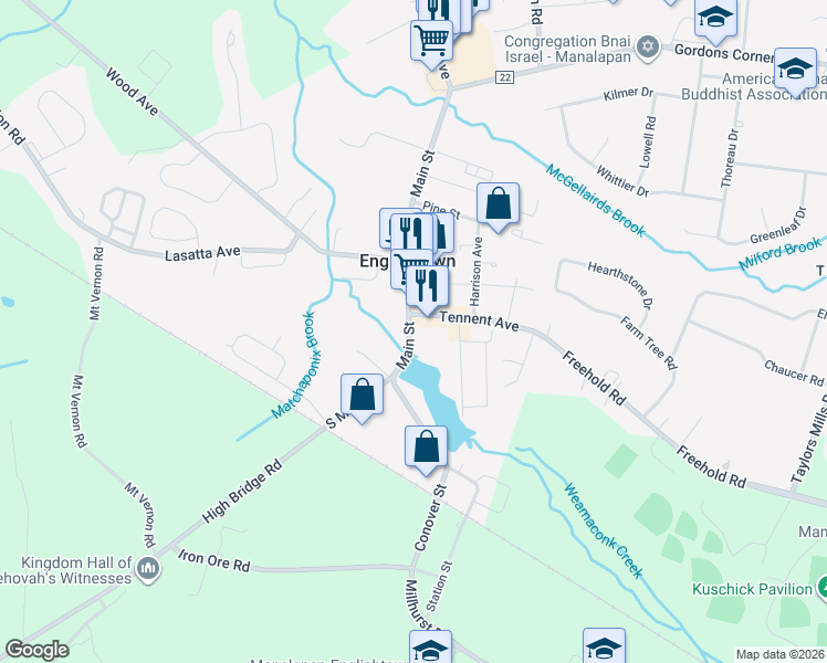 map of restaurants, bars, coffee shops, grocery stores, and more near 6 Main Street in Englishtown