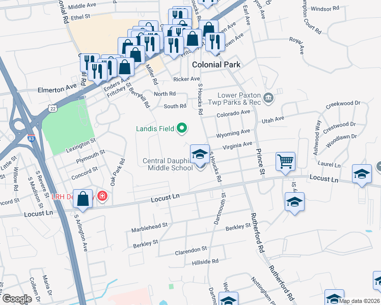 map of restaurants, bars, coffee shops, grocery stores, and more near 4600 Locust Lane in Harrisburg