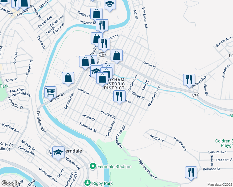 map of restaurants, bars, coffee shops, grocery stores, and more near 625 Highland Avenue in Johnstown