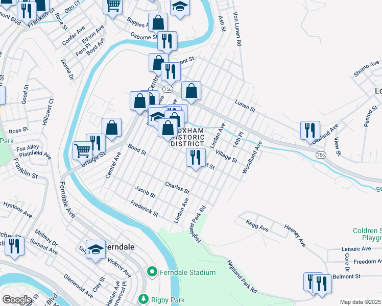 map of restaurants, bars, coffee shops, grocery stores, and more near 625 Highland Avenue in Johnstown