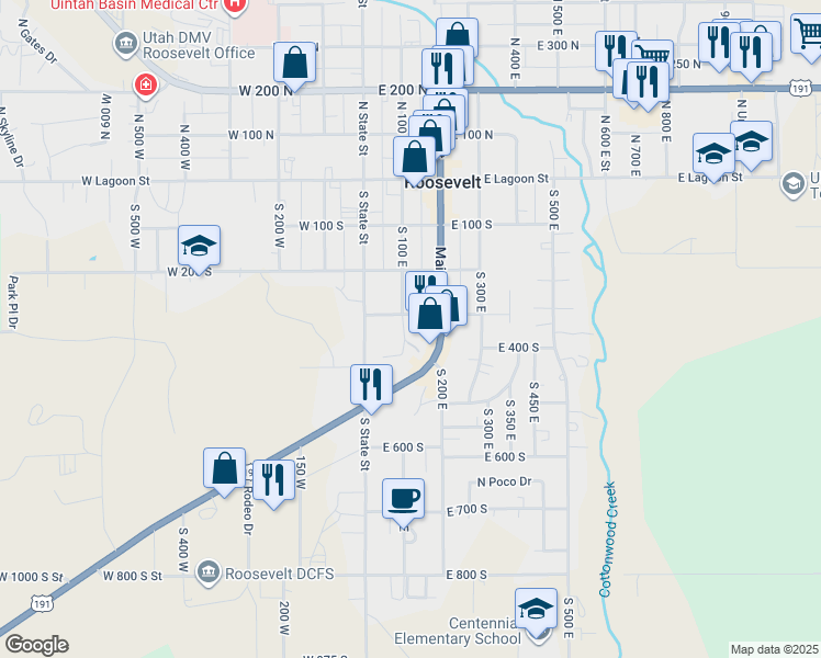 map of restaurants, bars, coffee shops, grocery stores, and more near 369 West 100 North in Roosevelt