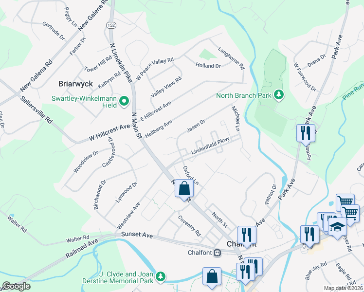 map of restaurants, bars, coffee shops, grocery stores, and more near 2 Jana Circle in Chalfont