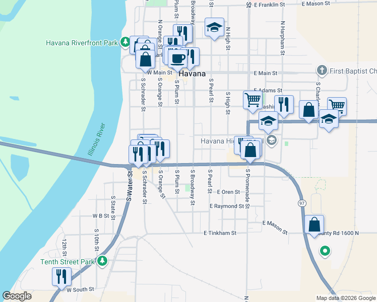 map of restaurants, bars, coffee shops, grocery stores, and more near 518 South Broadway Street in Havana