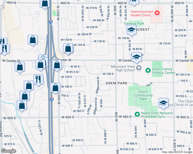 map of restaurants, bars, coffee shops, grocery stores, and more near 150 Ridgecrest Drive in Orem