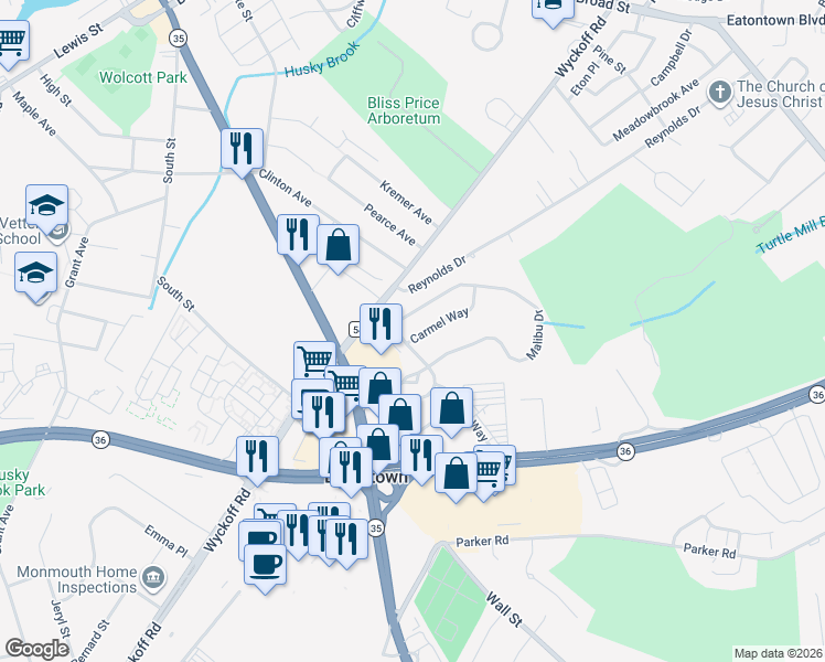 map of restaurants, bars, coffee shops, grocery stores, and more near 2 Carmel Way in Eatontown