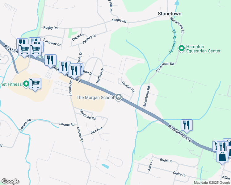 map of restaurants, bars, coffee shops, grocery stores, and more near 6111 Perkiomen Avenue in Birdsboro