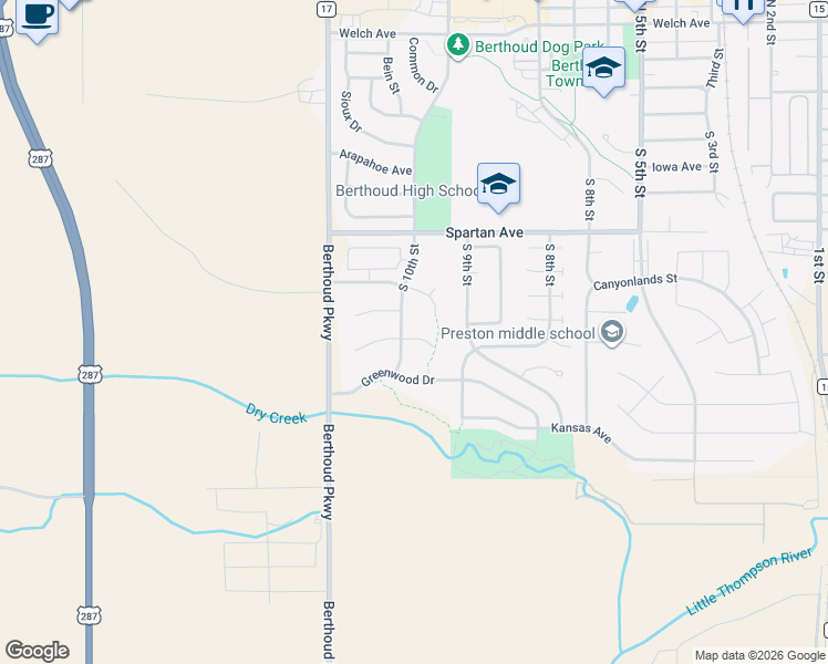 map of restaurants, bars, coffee shops, grocery stores, and more near 1045 Gabriella Lane in Berthoud