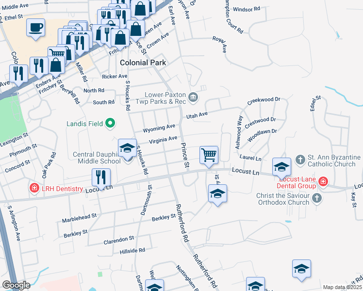 map of restaurants, bars, coffee shops, grocery stores, and more near 4931 Mauretania Avenue in Harrisburg