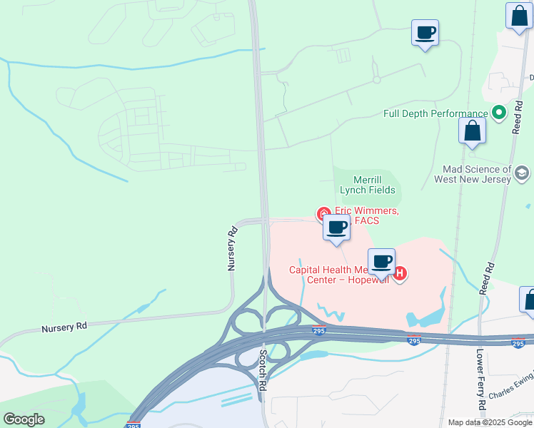 map of restaurants, bars, coffee shops, grocery stores, and more near 408 Scotch Road in Hopewell Township