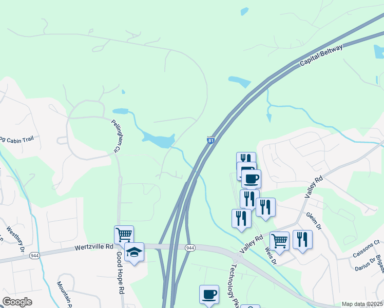 map of restaurants, bars, coffee shops, grocery stores, and more near 4550 Valley Road in Enola