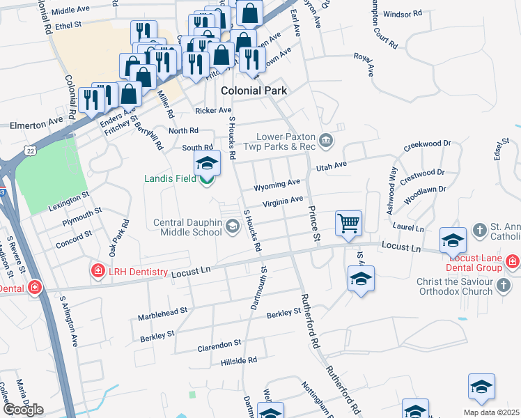 map of restaurants, bars, coffee shops, grocery stores, and more near 4907 Virginia Avenue in Harrisburg