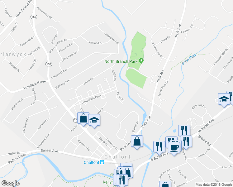 map of restaurants, bars, coffee shops, grocery stores, and more near 317 Patrick Place in Chalfont