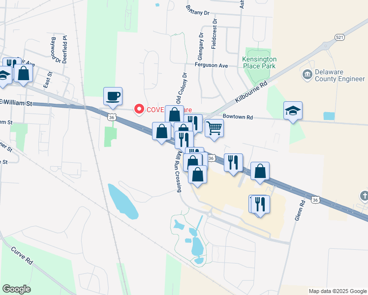 map of restaurants, bars, coffee shops, grocery stores, and more near 860 Sunbury Road in Delaware
