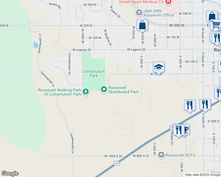 map of restaurants, bars, coffee shops, grocery stores, and more near 312 Park Place Drive in Roosevelt