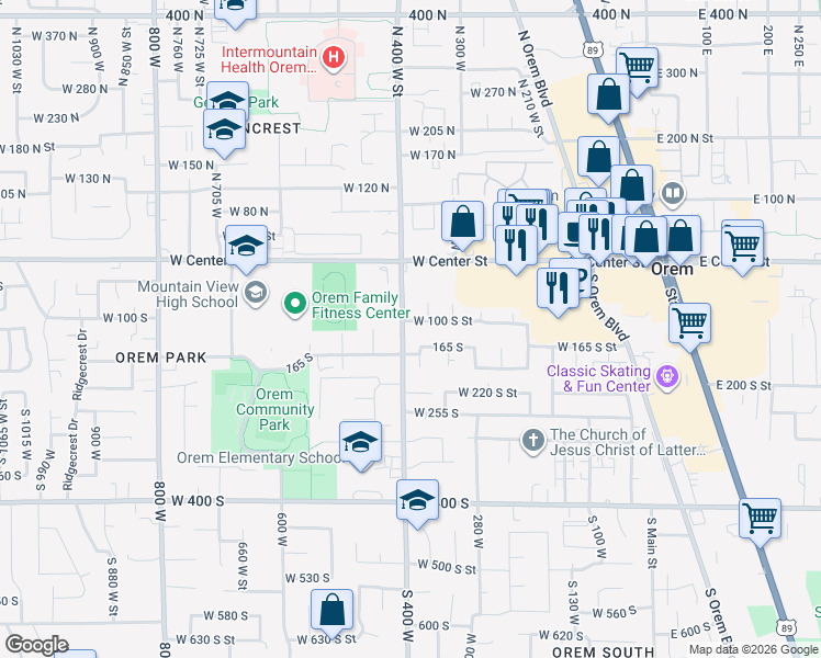map of restaurants, bars, coffee shops, grocery stores, and more near 390 165 South in Orem
