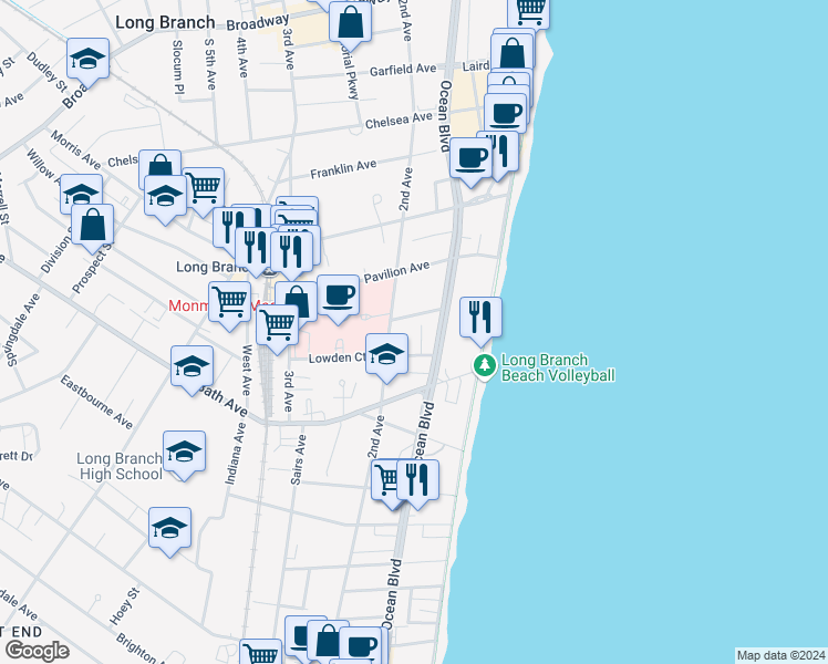 map of restaurants, bars, coffee shops, grocery stores, and more near 67 Dunbar Avenue in Long Branch