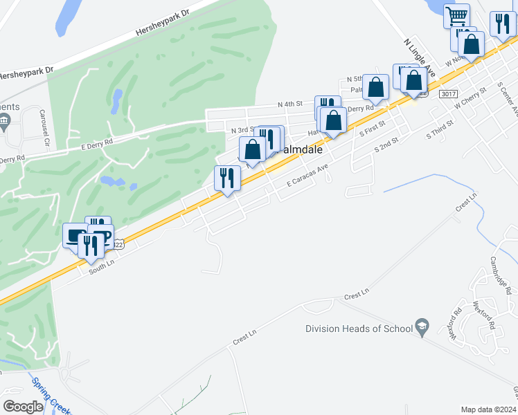 map of restaurants, bars, coffee shops, grocery stores, and more near 1212 Jo Mar Court in Hershey