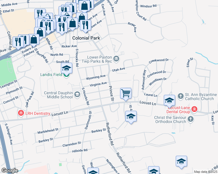 map of restaurants, bars, coffee shops, grocery stores, and more near 4931 Mauretania Avenue in Harrisburg