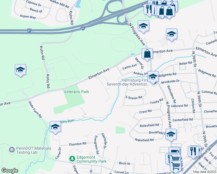map of restaurants, bars, coffee shops, grocery stores, and more near 3208 Ridgeway Road in Harrisburg