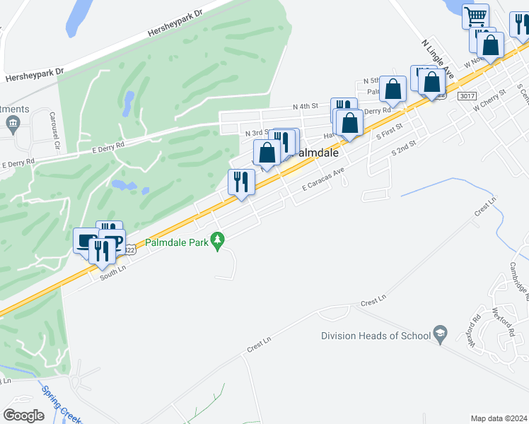 map of restaurants, bars, coffee shops, grocery stores, and more near 1217 Jo Mar Court in Hershey