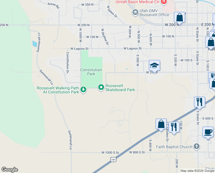 map of restaurants, bars, coffee shops, grocery stores, and more near 312 Park Place Drive in Roosevelt