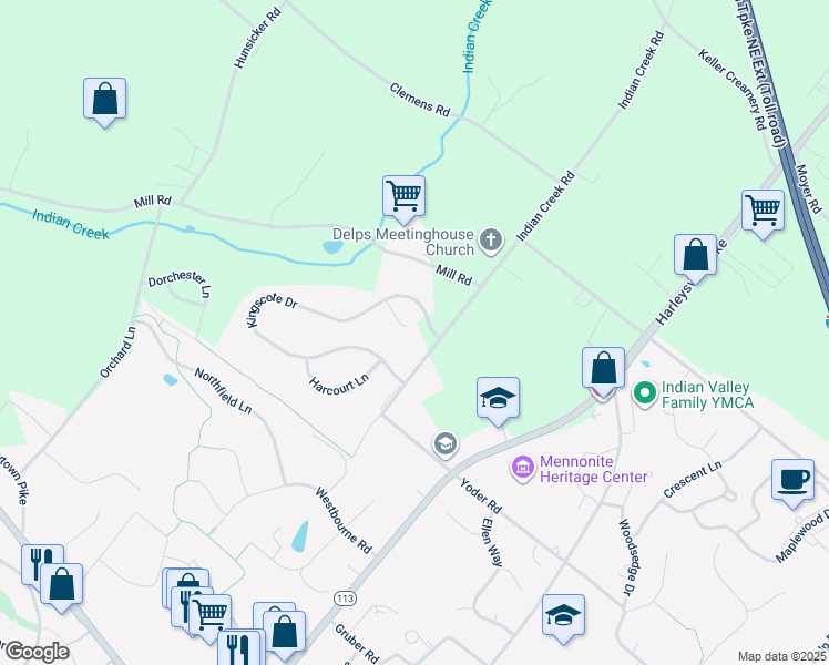 map of restaurants, bars, coffee shops, grocery stores, and more near 876 Indian Creek Road in Harleysville