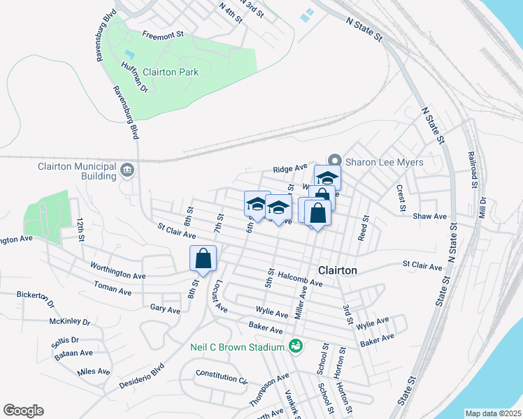 map of restaurants, bars, coffee shops, grocery stores, and more near 601 Waddell Avenue in Clairton