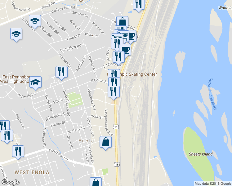 map of restaurants, bars, coffee shops, grocery stores, and more near 231 North Enola Road in Enola