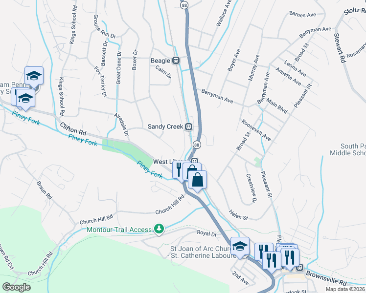 map of restaurants, bars, coffee shops, grocery stores, and more near 6220 Library Road in Bethel Park