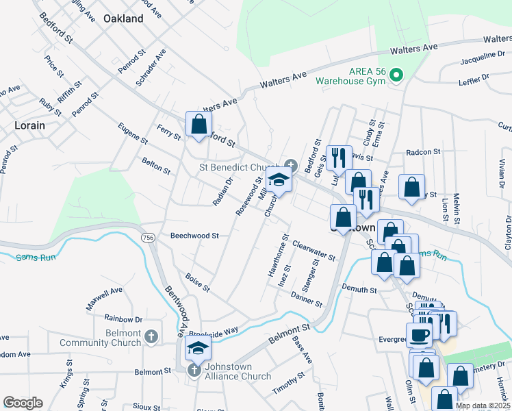 map of restaurants, bars, coffee shops, grocery stores, and more near 198 Mills St in Johnstown